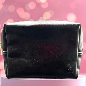 YSL Saint Laurent Yves Makeup Bag Faux Leather Beauty Round Zip Toiletry Handbag